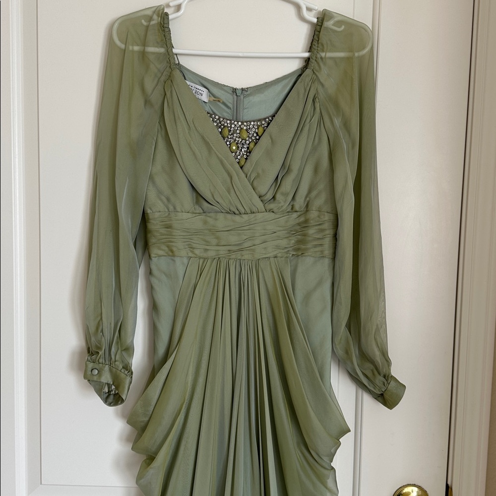 Teri Jon Green Chiffon Evening Gown with jeweled neckline